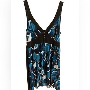 Y2K Blouse Top Dress IZ Byer Geometric‎ Blue Brown Back Tie Button Detail Small